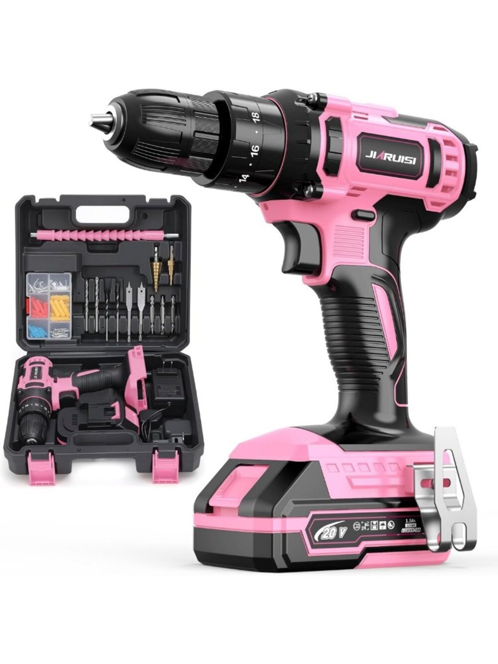 20V Cordless Electric Drill Set with Battery, 72pcs Bits, Keyless Chuck, Pink